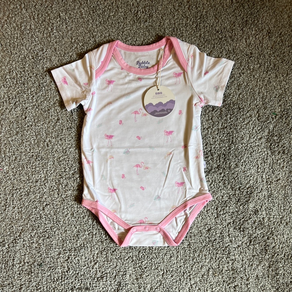 bubble baby bodysuit baby girl 18-24M white pink flamingo‎ bamboo stretch casual